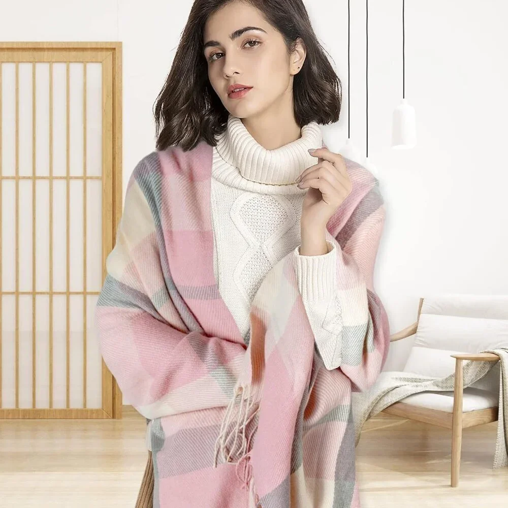 Women's Beige Grey Lattice Scarf Fashion Long Plaid Shawls Wraps Big Grid Winter